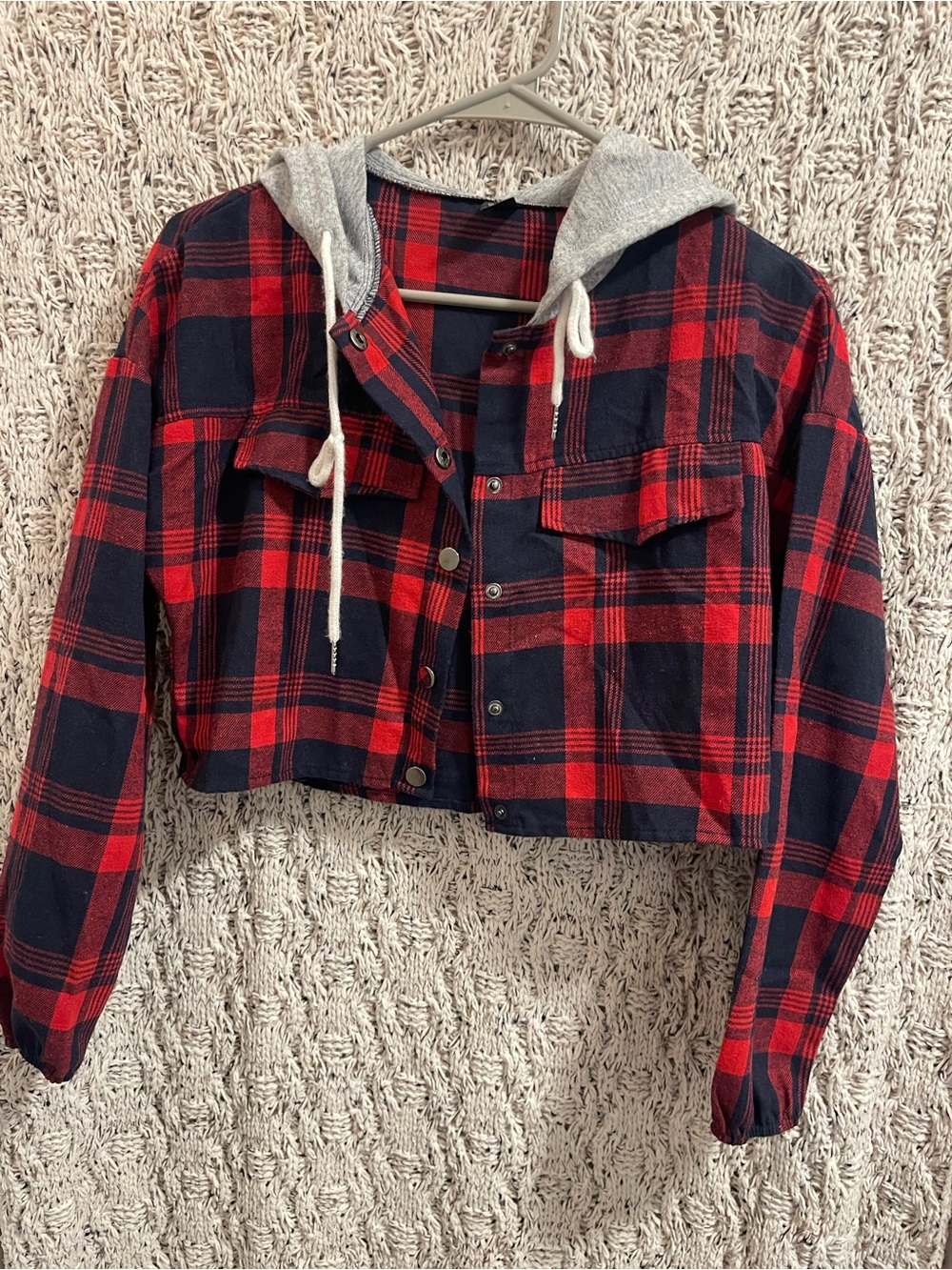 SHEIN Red & Black Plaid Hooded Shirt Jacket
